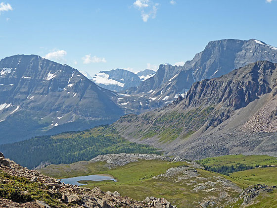 View of Bow Peak and Crowfoot Mountain on the trail above Helen Lake 