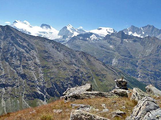 View of the Strahlhorn, Rimpfischhorn, Allalinhorn, Alphubel, Taschhorn and Dom