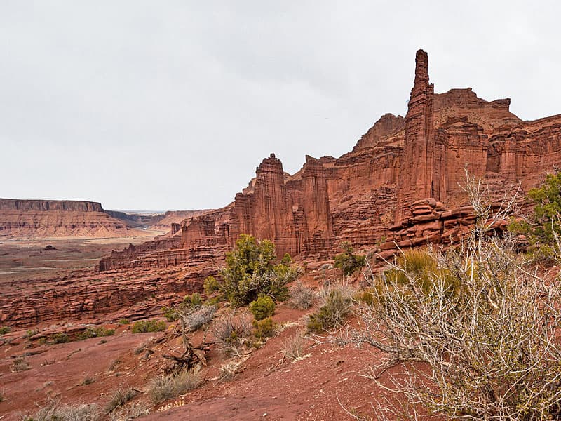 Fisher Towers with the Colorado River Valley in the distance